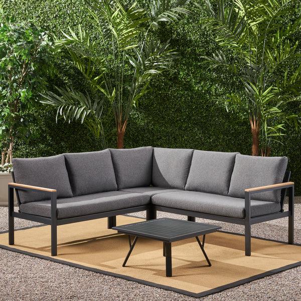 Gdf Studio Jessica Outdoor Aluminum V-Shaped Sofa Set With Faux Wood Accents Gray Finish And Gray
