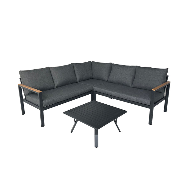gdf studio Jessica Outdoor Aluminum V-Shaped Sofa Set with Faux Wood Accents Gray Finish and Gray