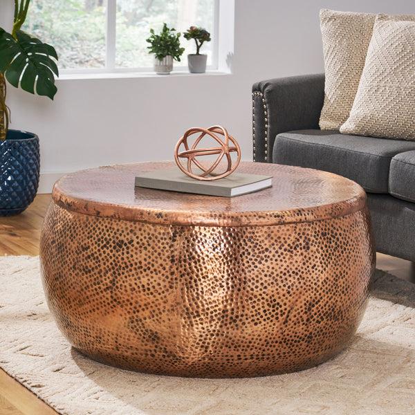 Gdf Studio Jessika Modern Round Hammered Aluminum Storage Coffee Table