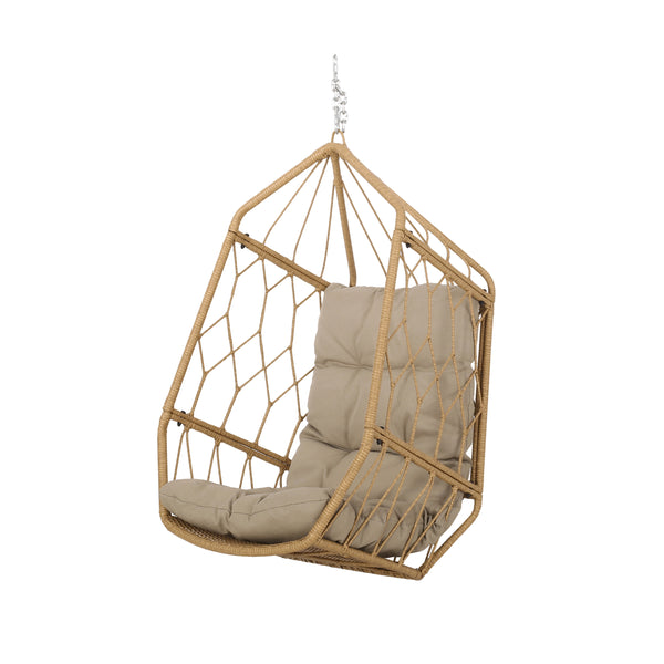 gdf studio Jewell Outdoor Wicker Hanging Basket Chair with Cushions Light Brown Tan