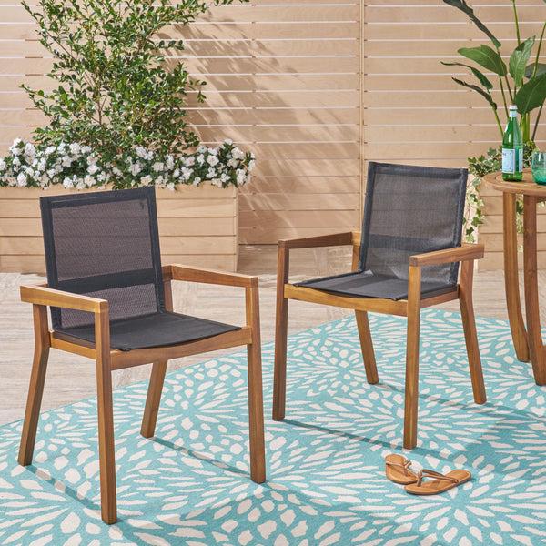 Gdf Studio Jimmy Outdoor Acacia Wood And Mesh Dining Chairs (Set Of 2)