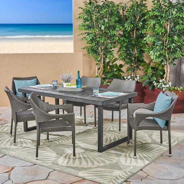 Gdf Studio Joa Outdoor 7 Piece Acacia Wood Dining Set With Stacking Wicker Chairs Sandblast Dark Gray And Gray