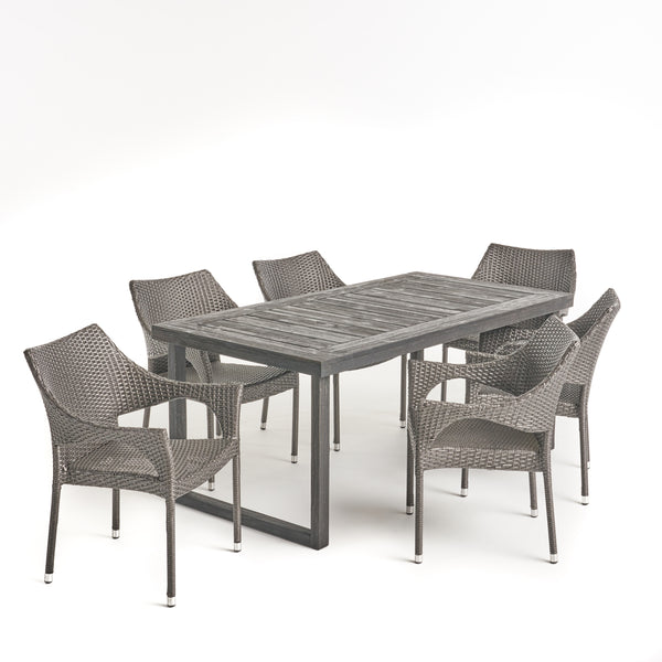 gdf studio Joa Outdoor 7 Piece Acacia Wood Dining Set with Stacking Wicker Chairs Sandblast Dark Gray and Gray