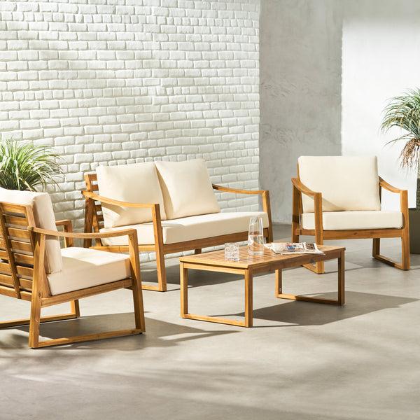 gdf studio Johnlucas Outdoor 4 Seater Acacia Wood Chat Set with Water Resistant Cushions
