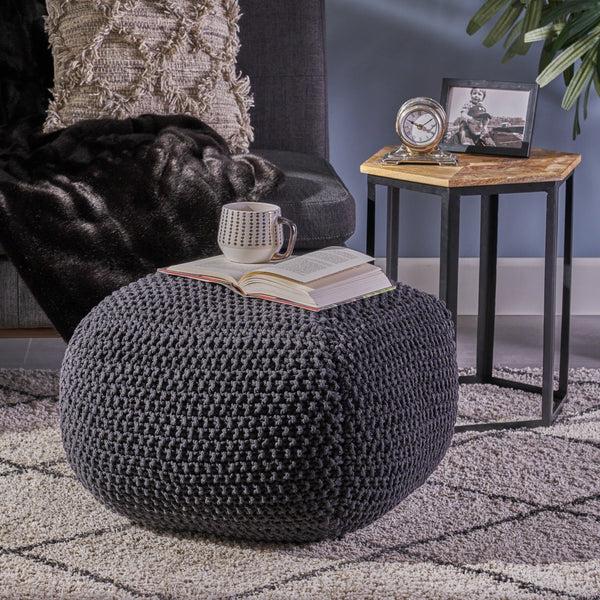 Gdf Studio Joyce Knitted Cotton Square Pouf Dark Grey