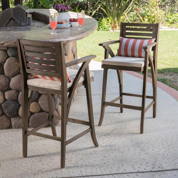 Gdf Studio Joye Outdoor Acacia Wood Barstool (Set Of 2) Grey With Cream Cushion