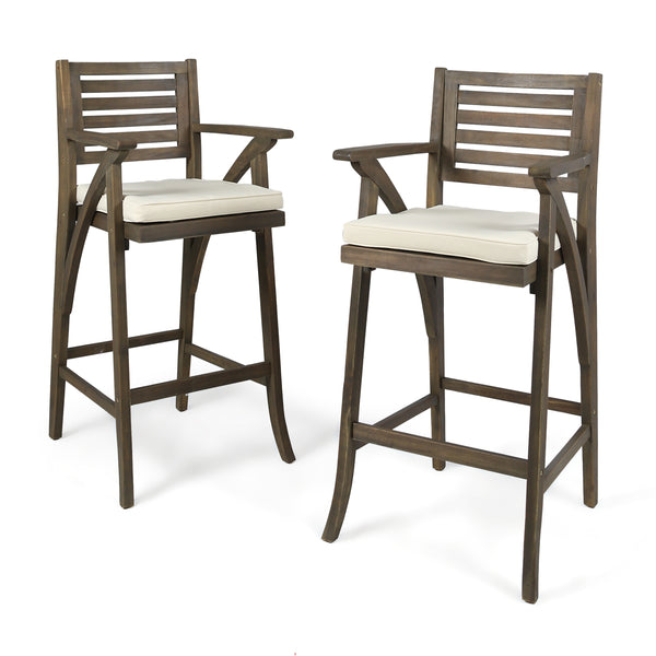 gdf studio Joye Outdoor Acacia Wood Barstool (Set of 2) Grey with Cream Cushion