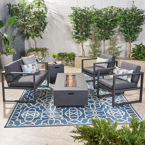 Gdf Studio Jude Outdoor Aluminum 4 Seater Chat Set With Fire Pit