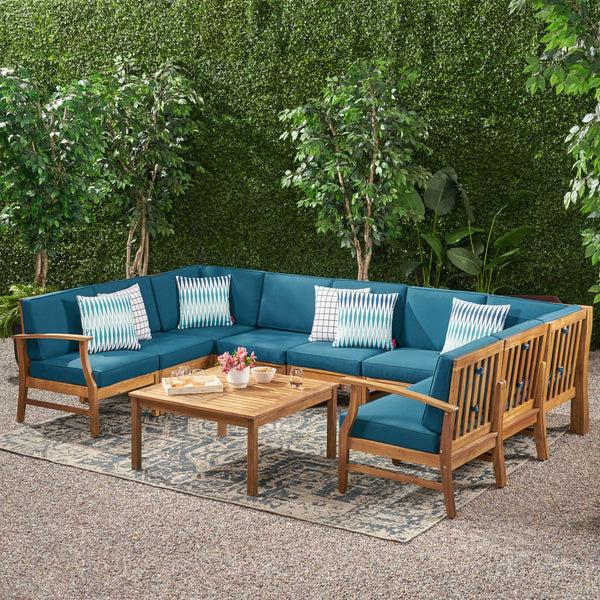 Gdf Studio Judith Outdoor 9 Seater Acacia Wood Sectional Sofa Set With Cushions
