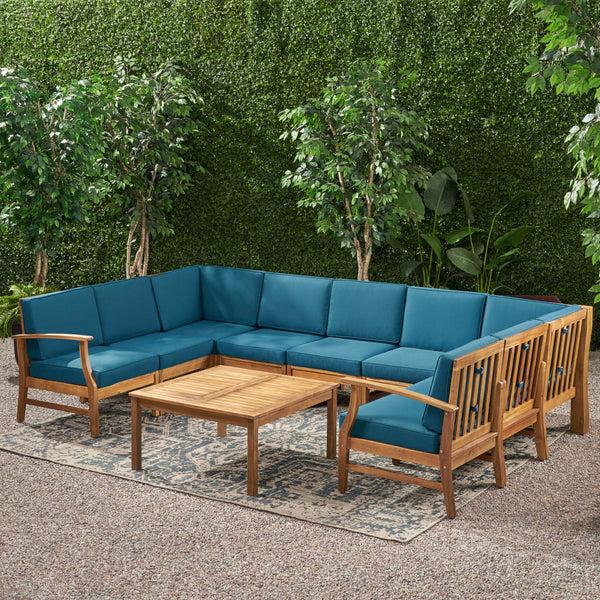 Gdf Studio Judith Outdoor 9 Seater Acacia Wood Sectional Sofa Set With Cushions