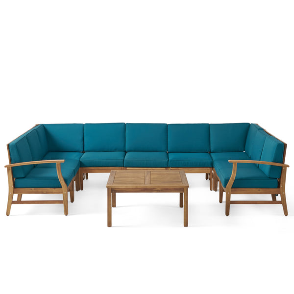 gdf studio Judith Outdoor 9 Seater Acacia Wood Sectional Sofa Set with Cushions