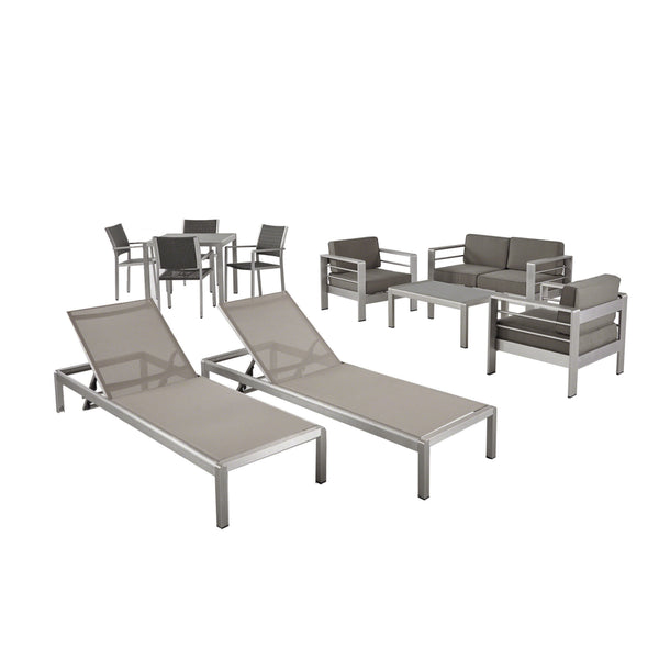 gdf studio Julia Patio Collection - 4-Seat Dining Set 3-Piece Conversation Set 2 Chaise Lounges Coffee Table - Aluminum - Glass Table Top - Silver Gray Khaki