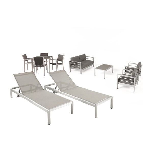 gdf studio Julia Patio Collection - 4-Seat Dining Set 3-Piece Conversation Set 2 Chaise Lounges Coffee Table - Aluminum - Wicker Table Top and Seats - Silver Gray Khaki