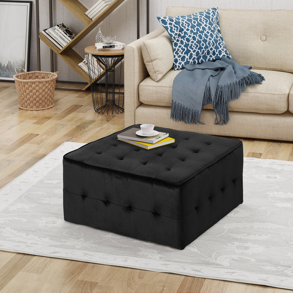 gdf studio Justin Modern Glam Tufted Waffle Stitch Velvet Square Ottoman Coffee Table