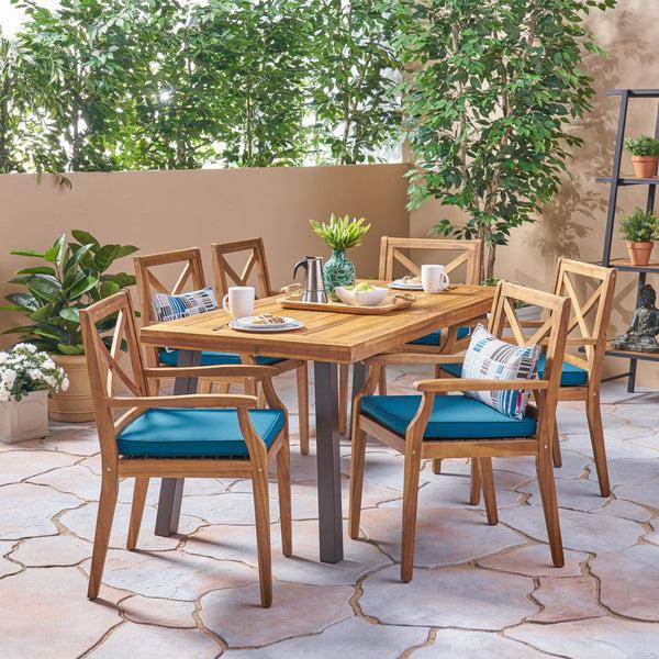 Gdf Studio Justin Outdoor Farmhouse Slat-Top 7 Piece Acacia Wood Dining Set With Cushions