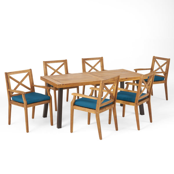gdf studio Justin Outdoor Farmhouse Slat-Top 7 Piece Acacia Wood Dining Set with Cushions