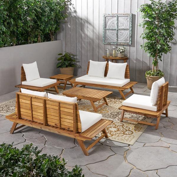 Gdf Studio Kaiya Outdoor Acacia Wood 6 Seater Chat Set With Side Table And Coffee Table