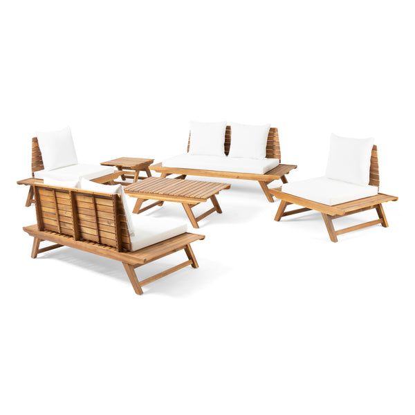 gdf studio Kaiya Outdoor Acacia Wood 6 Seater Chat Set with Side Table and Coffee Table