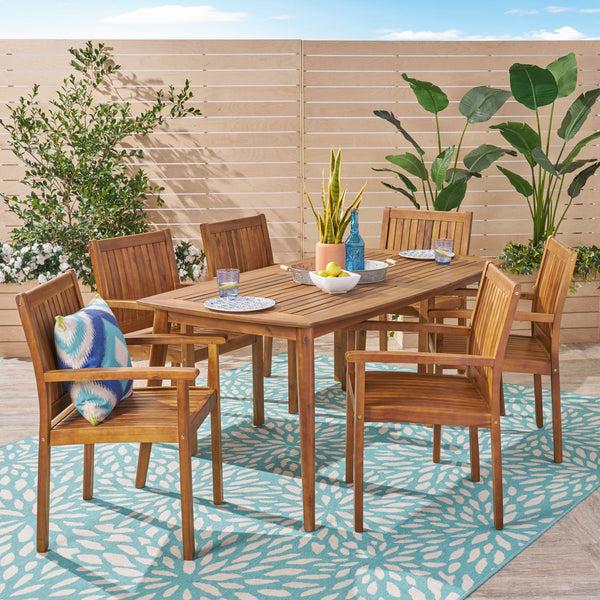 Gdf Studio Kally Outdoor 7 Piece Acacia Dining Set Teak Finish