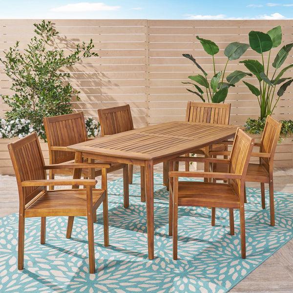 Gdf Studio Kally Outdoor 7 Piece Acacia Dining Set Teak Finish
