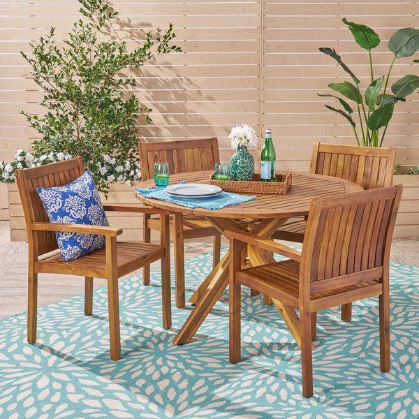 gdf studio Kally Outdoor Five Piece Acacia Dining Set Teak Finish