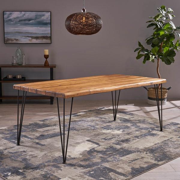 Gdf Studio Kama Patio Dining Table Rectangular 72" Acacia Wood Table Top Rustic Iron Hairpin Legs Teak Finish