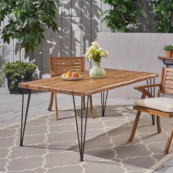 Gdf Studio Kama Patio Dining Table Rectangular 72" Acacia Wood Table Top Rustic Iron Hairpin Legs Teak Finish