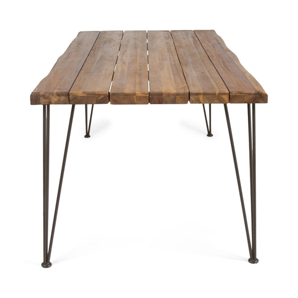 Gdf Studio Kama Patio Dining Table Rectangular 72" Acacia Wood Table Top Rustic Iron Hairpin Legs Teak Finish