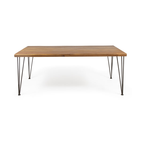 gdf studio Kama Patio Dining Table Rectangular 72" Acacia Wood Table Top Rustic Iron Hairpin Legs Teak Finish