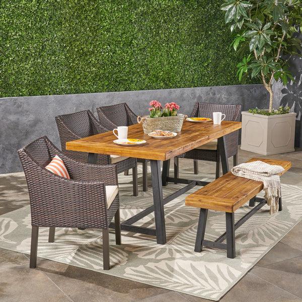 Gdf Studio Kane Outdoor 6 Piece Dining Set With Wicker Chairs And Bench Sandblast Teak And Multi Brown And Beige