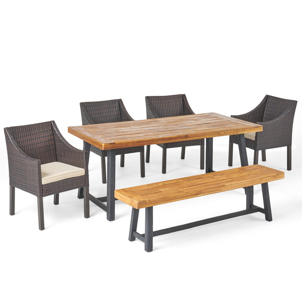 gdf studio Kane Outdoor 6 Piece Dining Set with Wicker Chairs and Bench Sandblast Teak and Multi Brown and Beige