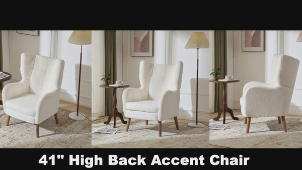Gdf Studio Kanes Modern Retro Upholstered Teddy Wool Accent Chair With Tapered Birch Wood Legs Beige