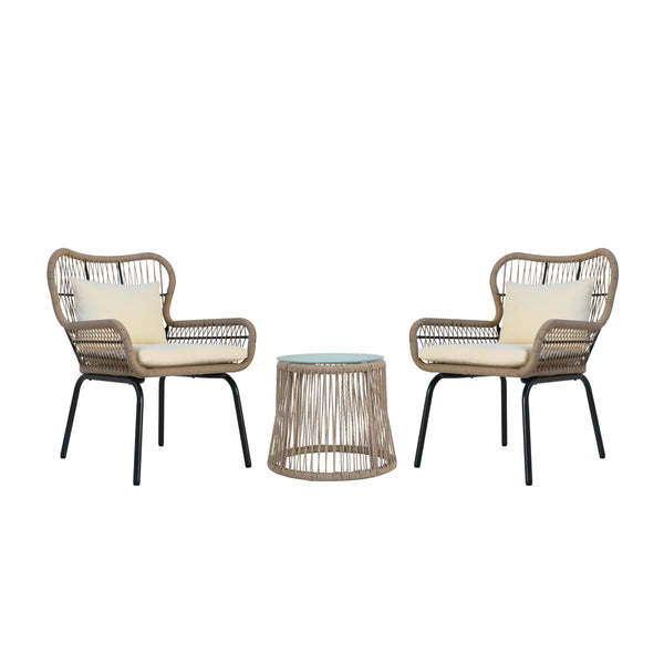 Gdf Studio Karen Patio Conversation Set 2-Seater With Accent Table Iron And Rope With Water-Resistant Cushions