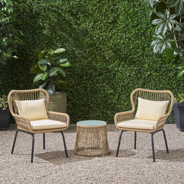 Gdf Studio Karen Patio Conversation Set 2-Seater With Accent Table Iron And Rope With Water-Resistant Cushions