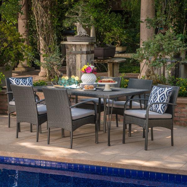 Gdf Studio Kari Outdoor 7 Piece Wicker Rectangular Dining Set With Water Resistant Cushions