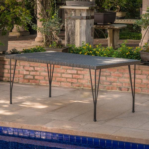 Gdf Studio Kari Outdoor 7 Piece Wicker Rectangular Dining Set With Water Resistant Cushions