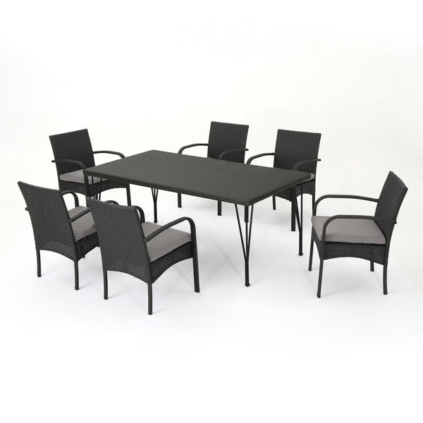 gdf studio Kari Outdoor 7 Piece Wicker Rectangular Dining Set with Water Resistant Cushions
