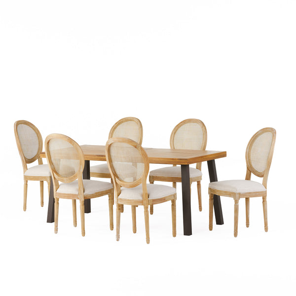 Gdf Studio Karlene Farmhouse Fabric Upholstered Wood And Rattan 7 Piece Dining Set Natural Rustic Metal And Beige