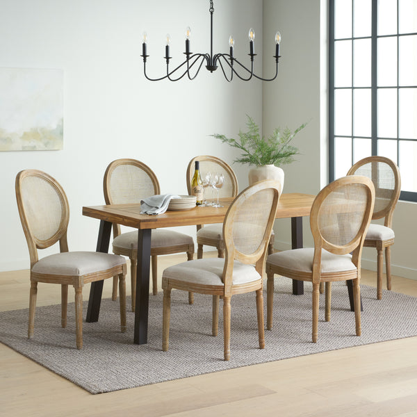 gdf studio Karlene Farmhouse Fabric Upholstered Wood and Rattan 7 Piece Dining Set Natural Rustic Metal and Beige