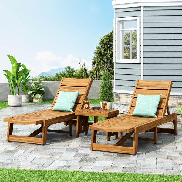 Gdf Studio Karyme Outdoor Acacia Wood 3 Piece Chaise Lounge Set