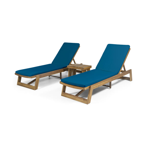 Gdf Studio Karyme Outdoor Acacia Wood 3 Piece Chaise Lounge Set With Water-Resistant Cushions