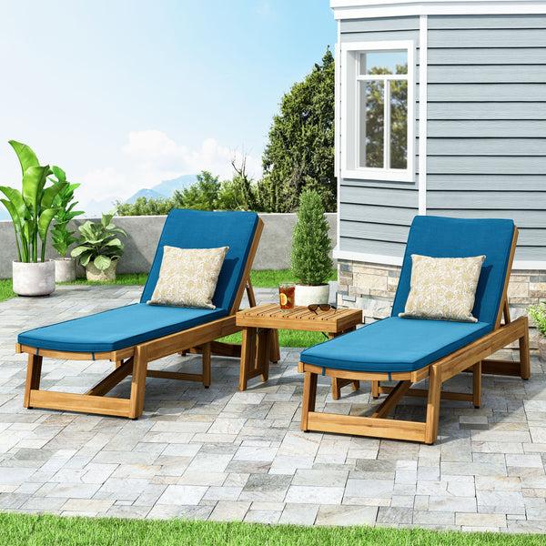 gdf studio Karyme Outdoor Acacia Wood 3 Piece Chaise Lounge Set with Water-Resistant Cushions