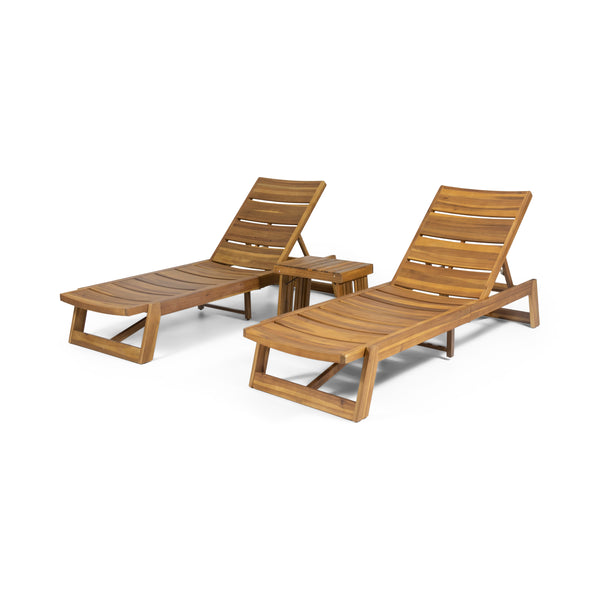 gdf studio Karyme Outdoor Acacia Wood 3 Piece Chaise Lounge Set