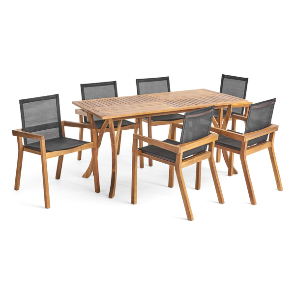 Gdf Studio Kaur Outdoor Acacia Wood 7 Piece Dining Set With Mesh Seats