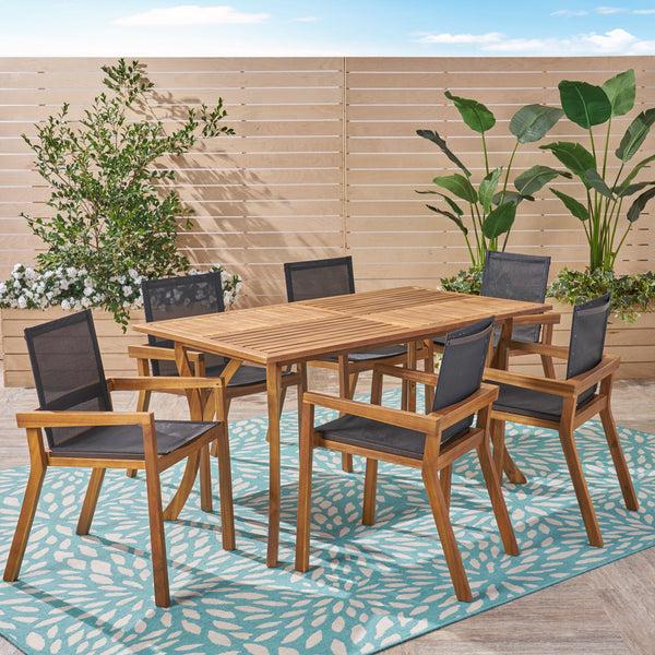 gdf studio Kaur Outdoor Acacia Wood 7 Piece Dining Set with Mesh Seats