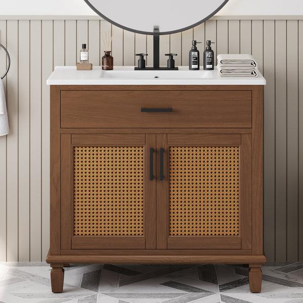 Gdf Studio Kavira 36" Rattan Bathroom Vanity With Ceramic Sink