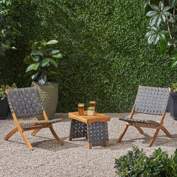Gdf Studio Kayla Outdoor Foldable 2 Seater Acacia Wood Chat Set With Strapping Belt Accents Brown And Gray