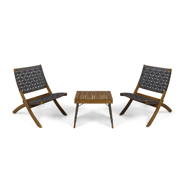 gdf studio Kayla Outdoor Foldable 2 Seater Acacia Wood Chat Set with Strapping Belt Accents Brown and Gray