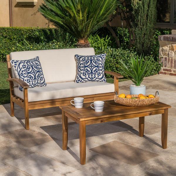 Gdf Studio Keanu Outdoor Acacia Wood Loveseat And Coffee Table Set With Cushions