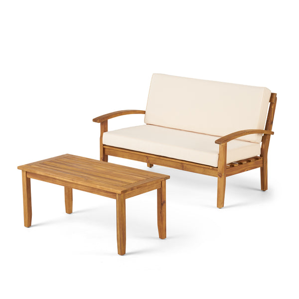 gdf studio Keanu Outdoor Acacia Wood Loveseat and Coffee Table Set with Cushions